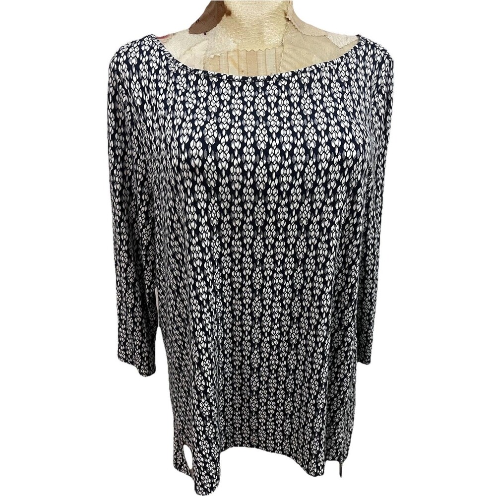 J Jill Wearever Collection Boatneck 3/4 Sleeve Knit Top Black White Gray Medium